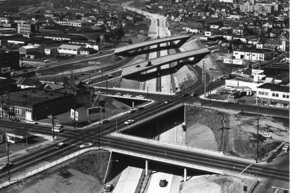 1965 photo of Rose Quarter freeway interchange in Portland, Oregon.